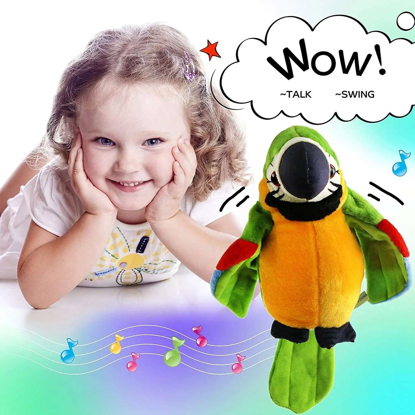 Talking Parrot Toy With Soft Cotton, Moves & Talks, Plush Bird Toy, Safe for 3+