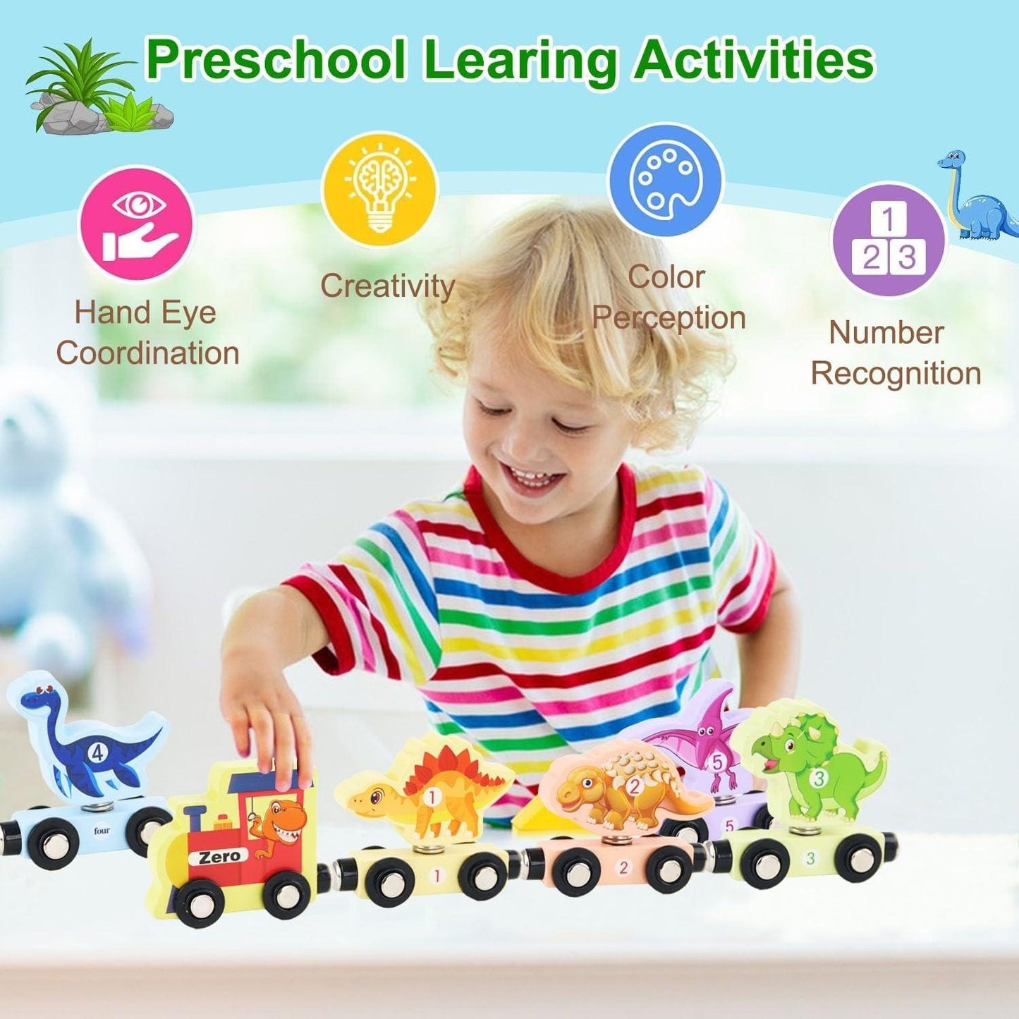 Train Number Wooden with Dinosaur Design, Magnetic Connect, Montessori Learning, Safe For Ages 4+