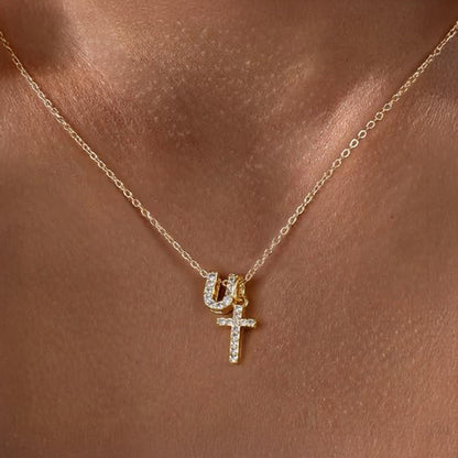 Delicate Initial and Cross Diamond Pendant Necklace