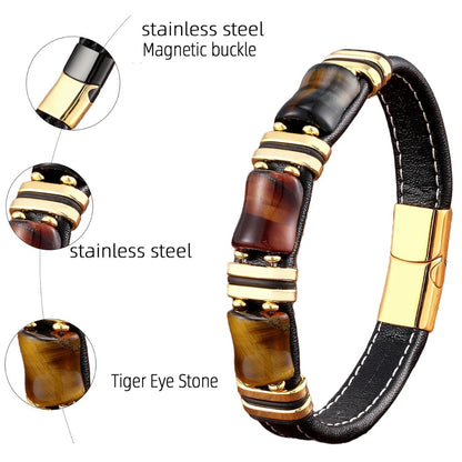 Brown Leather Tiger Eye Beaded Mens Bracelet - Halri