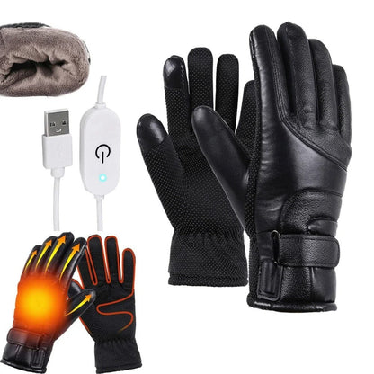 USB Heated Waterproof Leather Gloves for Winter Outdoor Sports