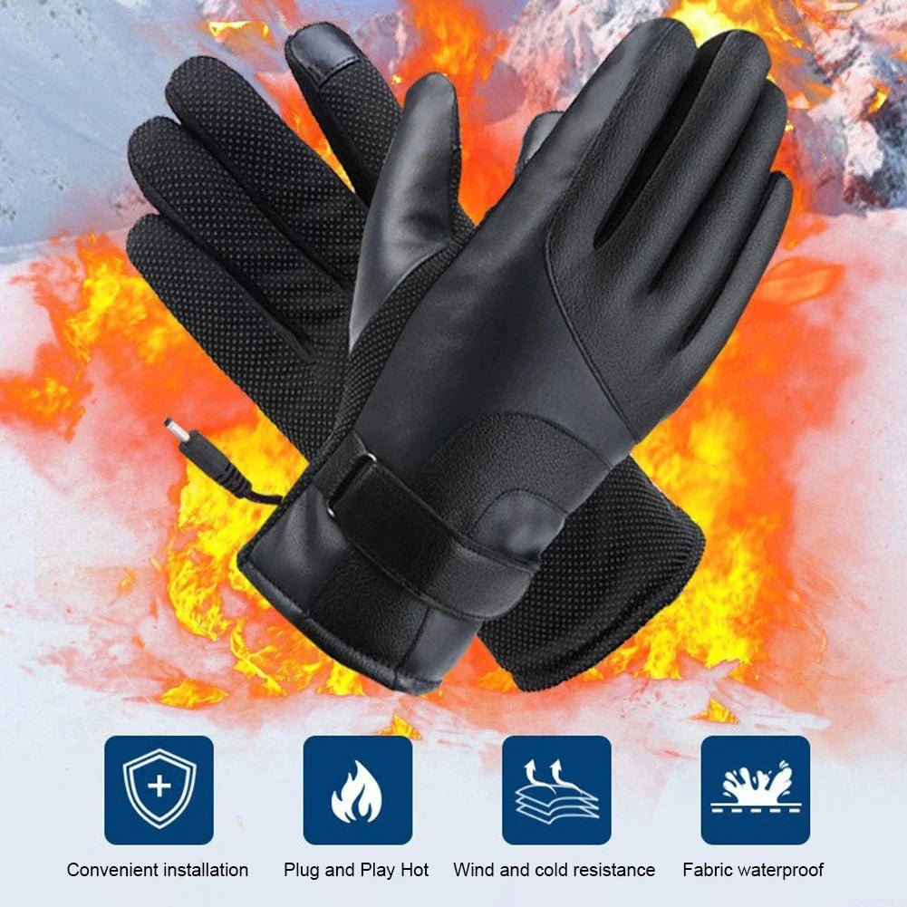 USB Heated Waterproof Leather Gloves for Winter Outdoor Sports