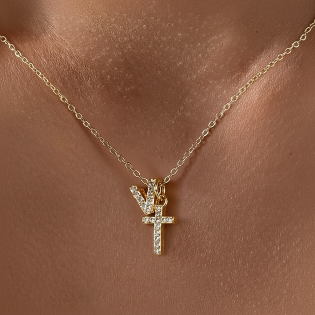 Delicate Initial and Cross Diamond Pendant Necklace