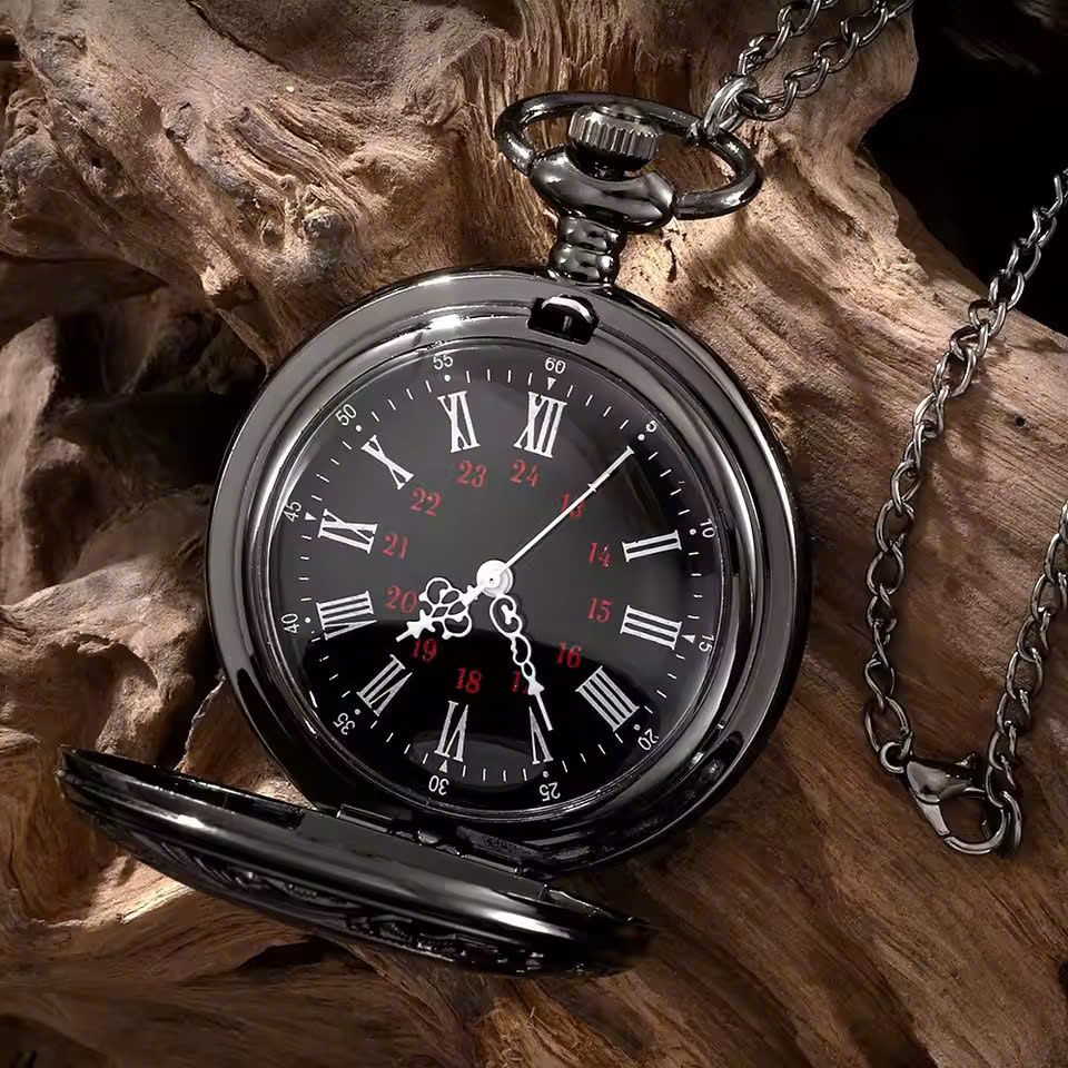 Classic Leather Pocket Watch with Chain and Case - Halri