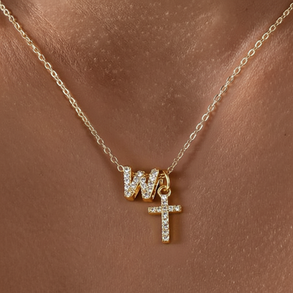 Delicate Initial and Cross Diamond Pendant Necklace