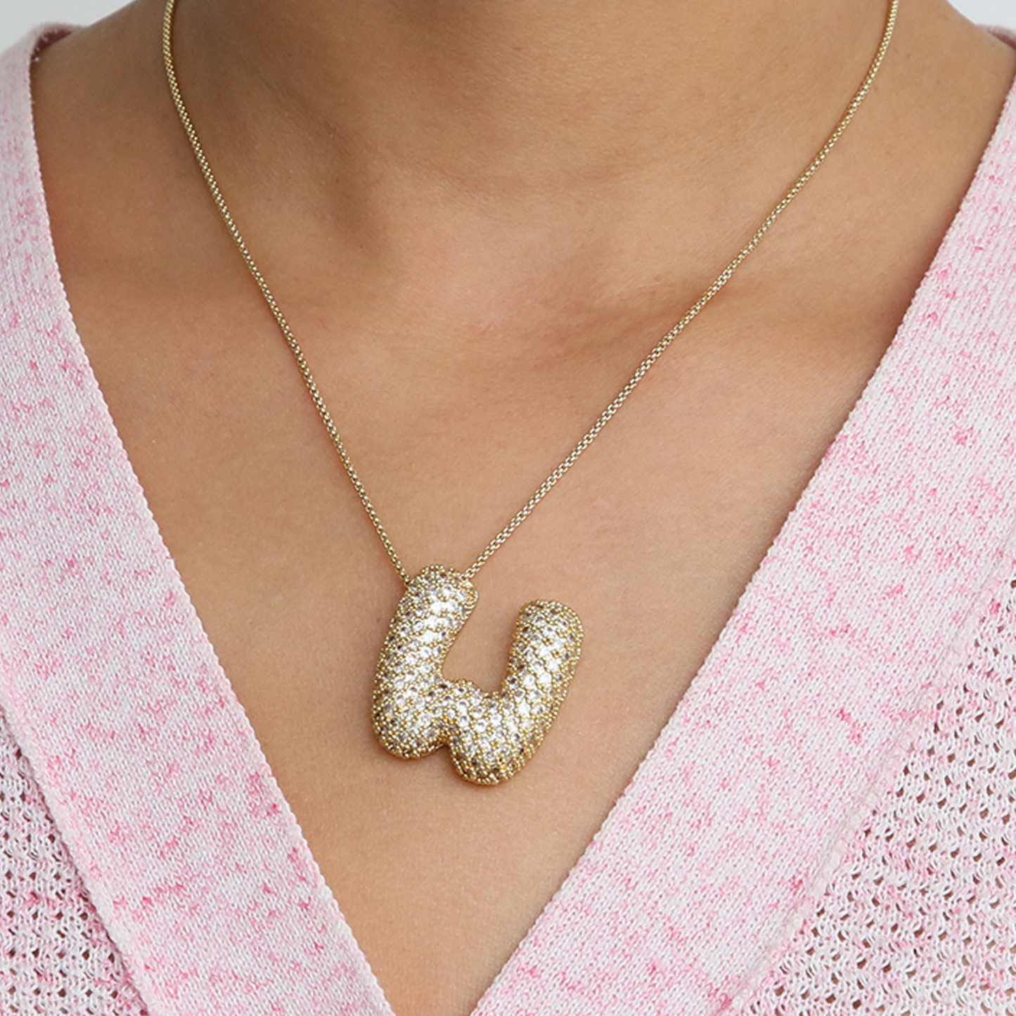 Bold Letter Bubble Diamond Initial Pendants