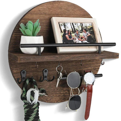 Rustic Wood Key Rack with Shelf and Hooks - Halri