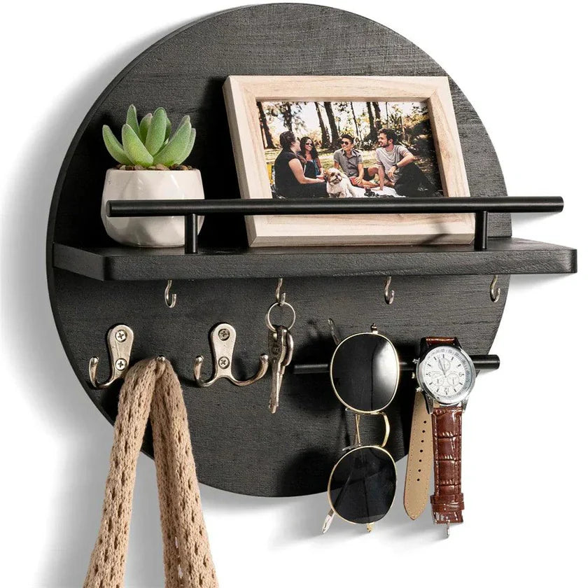 Wall-Mounted Wooden Key Holder with Shelf and Hooks – Round Design for Entryway Organization 1
