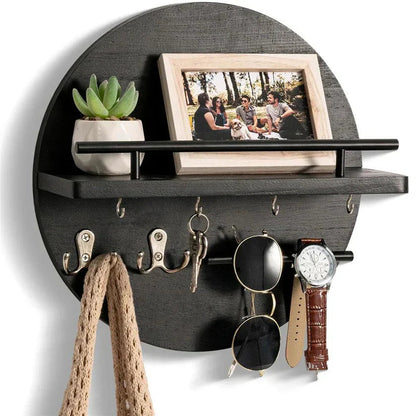 Wall-Mounted Wooden Key Holder with Shelf and Hooks – Round Design for Entryway Organization 1