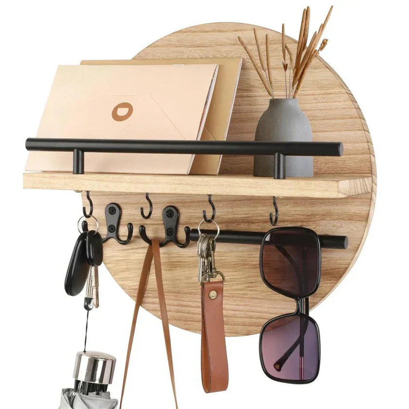 Wall-Mounted Wooden Key Holder with Shelf and Hooks – Round Design for Entryway Organization 2
