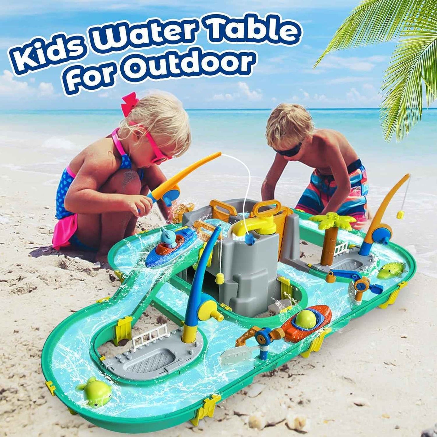 Water Surfing Adventure Playset – Interactive Water Table with Floating Boats, Fishing Game and Drifting Tracks