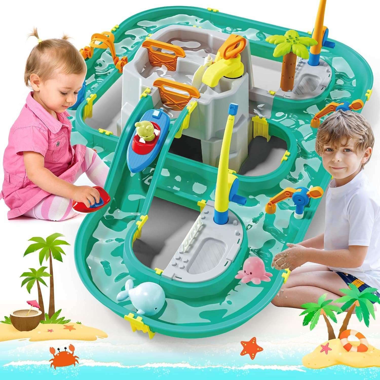 Water Surfing Adventure Playset – Interactive Water Table with Floating Boats, Fishing Game and Drifting Tracks