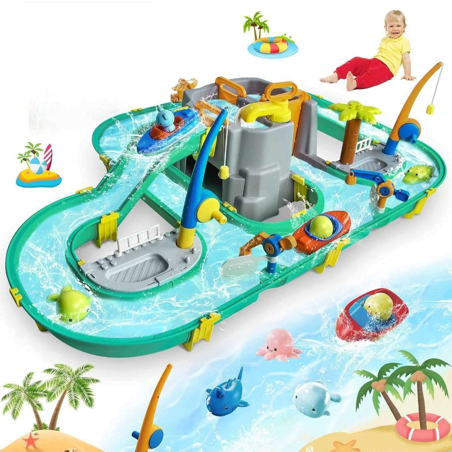 Water Surfing Adventure Playset – Interactive Water Table with Floating Boats, Fishing Game and Drifting Tracks