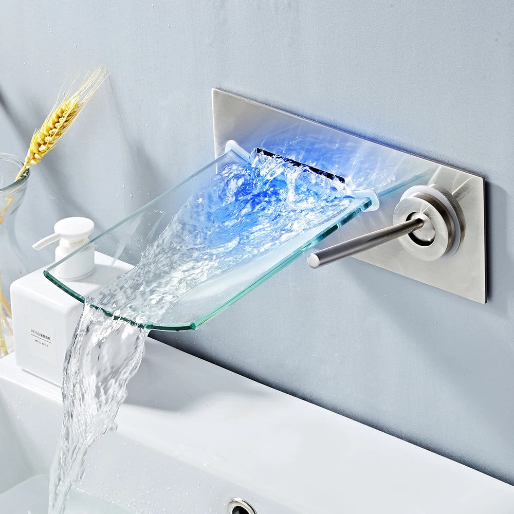 Waterfall Faucet – Glass Spout Wall-Mounted Bathtub Mixer Tap for Modern Bathroom Aesthetics