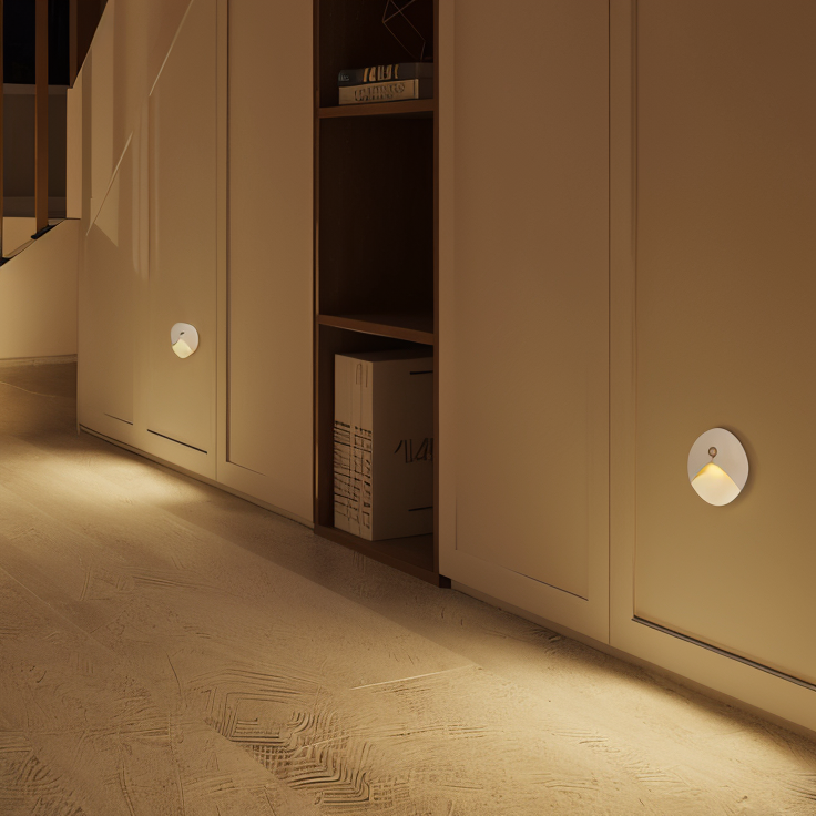 Modern interior with beige cabinets and wall lights casting a warm glow.