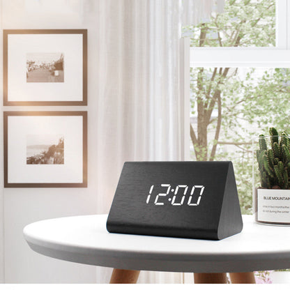 Stylish Wood Triangle Clock - LED Digital Alarm with Touch - Halri