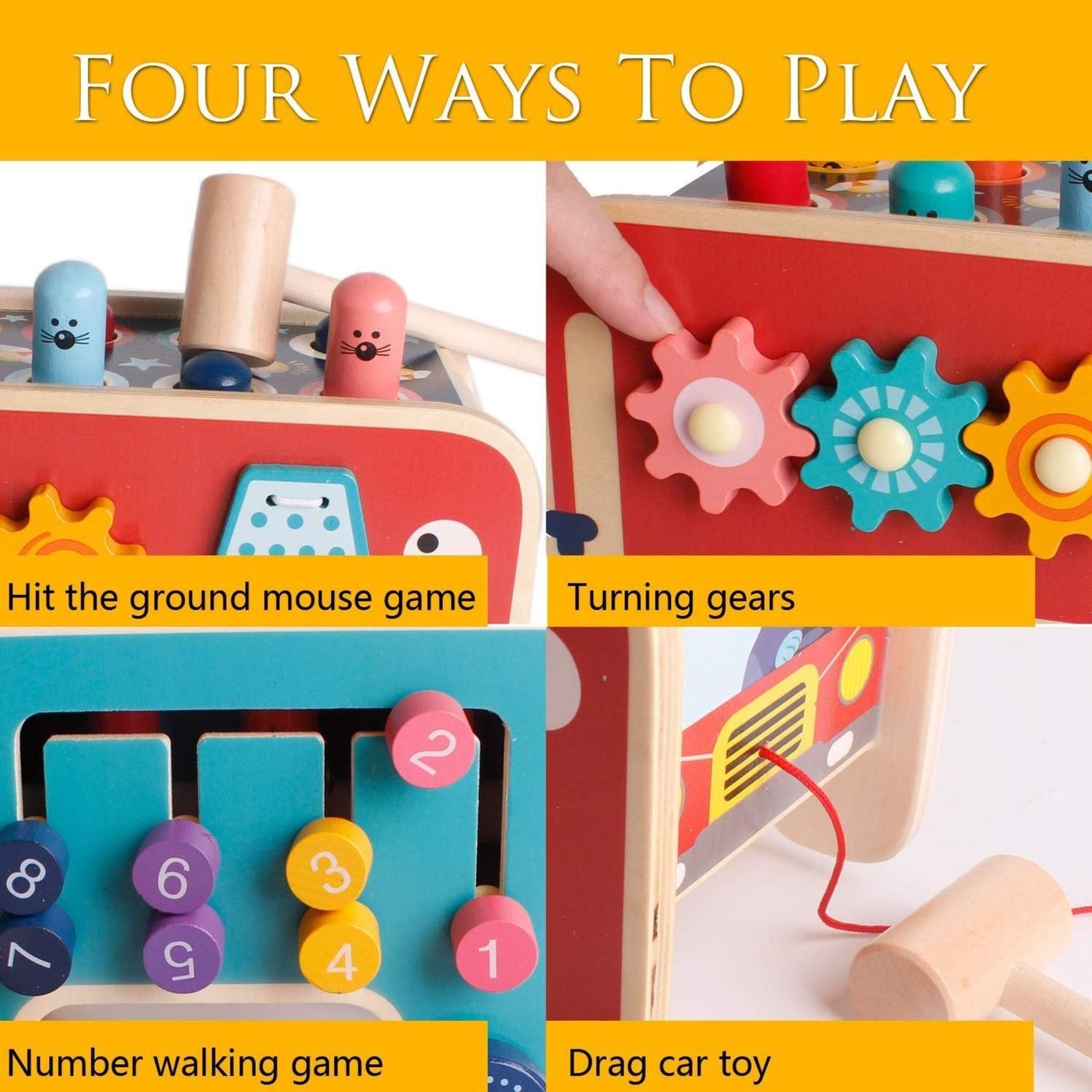 Wooden Elephant Whack-a-Mole Toy with Gears, Bead Counter, Pull Toy Feature, Safe for Ages 3+