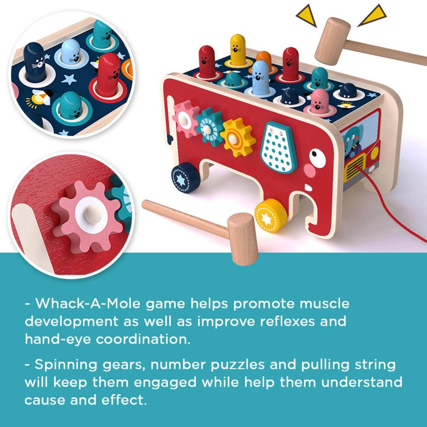 Wooden Elephant Whack-a-Mole Toy with Gears, Bead Counter, Pull Toy Feature, Safe for Ages 3+