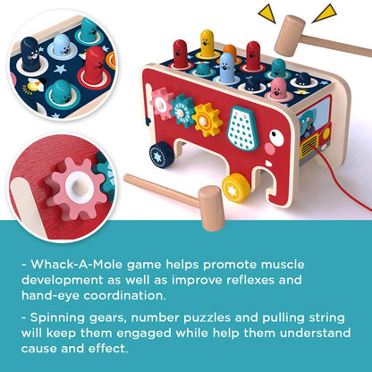 Wooden Elephant Whack-a-Mole Toy with Gears, Bead Counter, Pull Toy Feature, Safe for Ages 3+