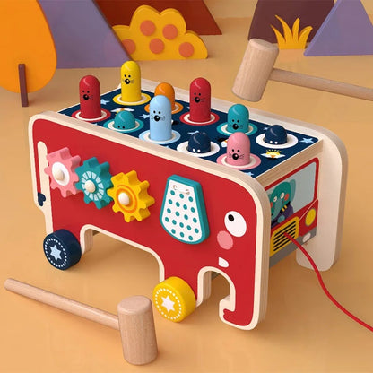 Wooden Elephant Whack-a-Mole Toy with Gears, Bead Counter, Pull Toy Feature, Safe for Ages 3+