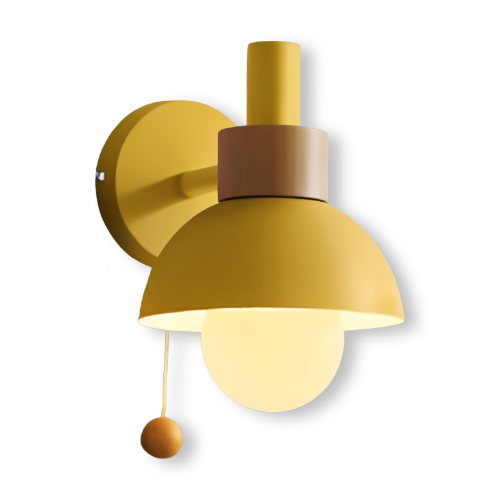 Yellow wall sconce with brown accents on a white background
