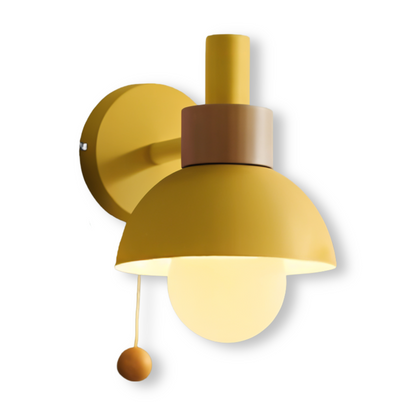 Yellow wall sconce with brown accents on a white background