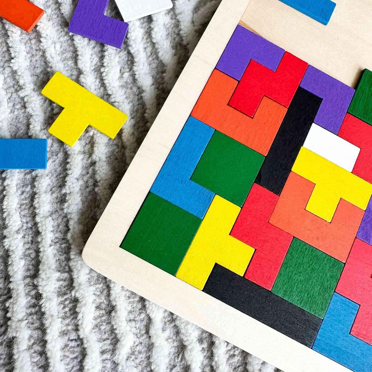 Wooden Puzzle Game with Colorful Shapes, Safe Wooden Material, Perfect Ages 3+
