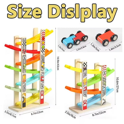 Wooden Ramp Car Toy with Montessori Learning, Sliding Cars, Colorful Track, Safe Design for Ages 3+