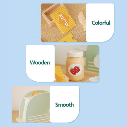 Wooden Toaster Toy with Various Accessories, Simulating Realistic Baking, Safe for Ages 3+.