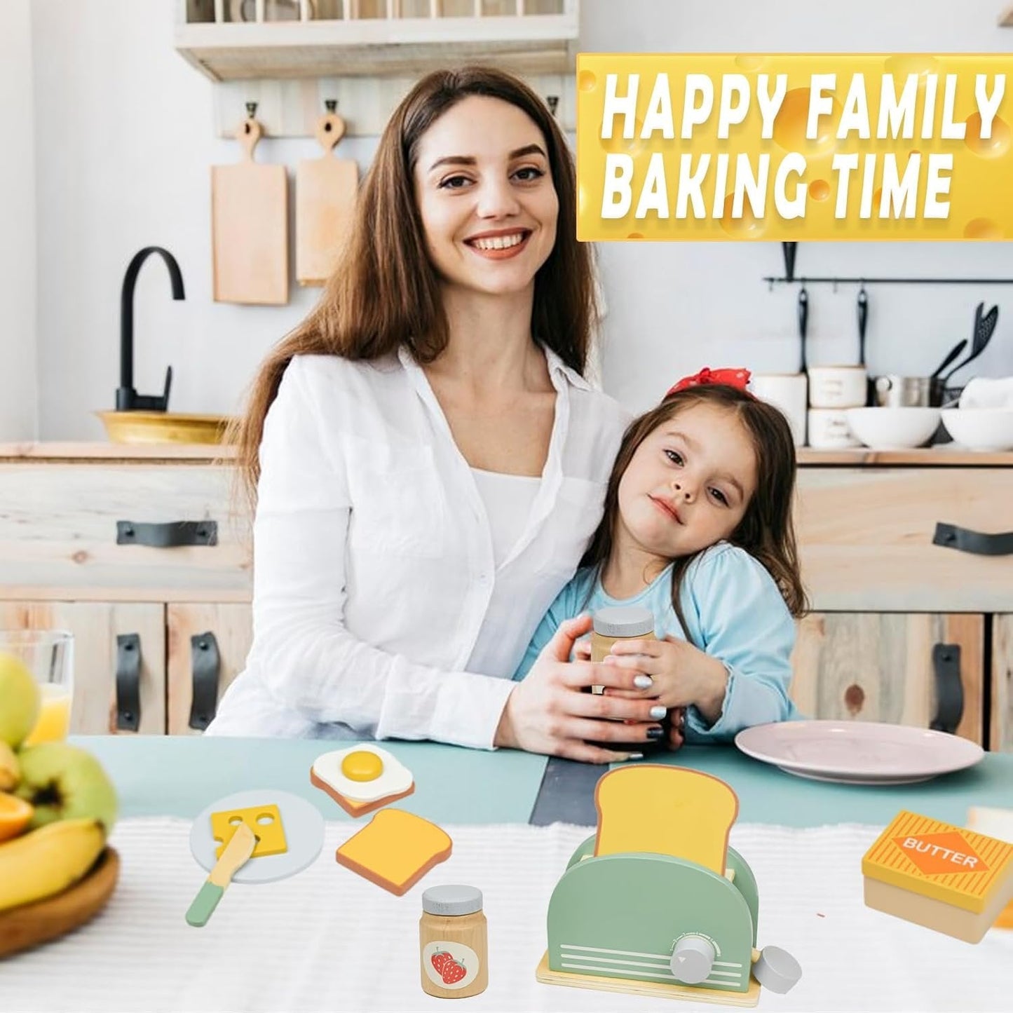 Wooden Toaster Toy with Various Accessories, Simulating Realistic Baking, Safe for Ages 3+.