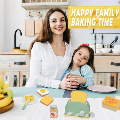Wooden Toaster Toy with Various Accessories, Simulating Realistic Baking, Safe for Ages 3+.
