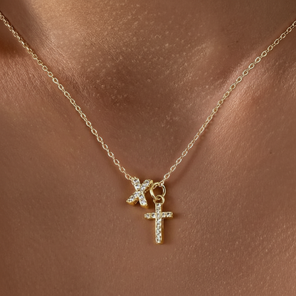 Delicate Initial and Cross Diamond Pendant Necklace