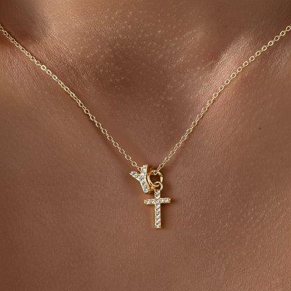 Delicate Initial and Cross Diamond Pendant Necklace