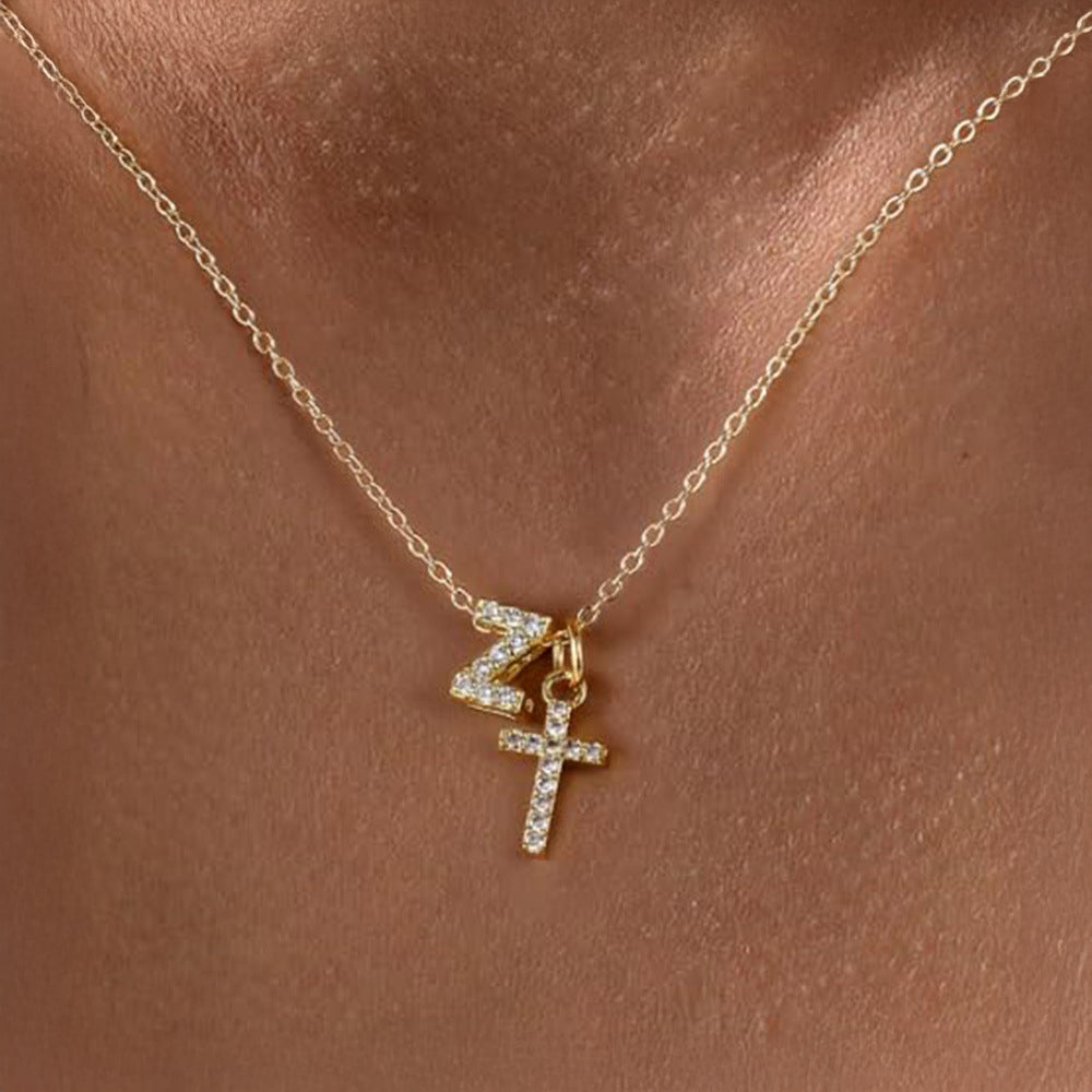 Delicate Initial and Cross Diamond Pendant Necklace