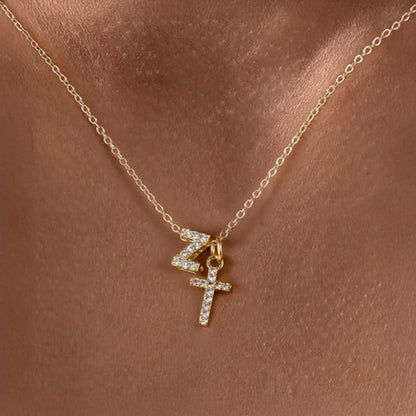 Delicate Initial and Cross Diamond Pendant Necklace