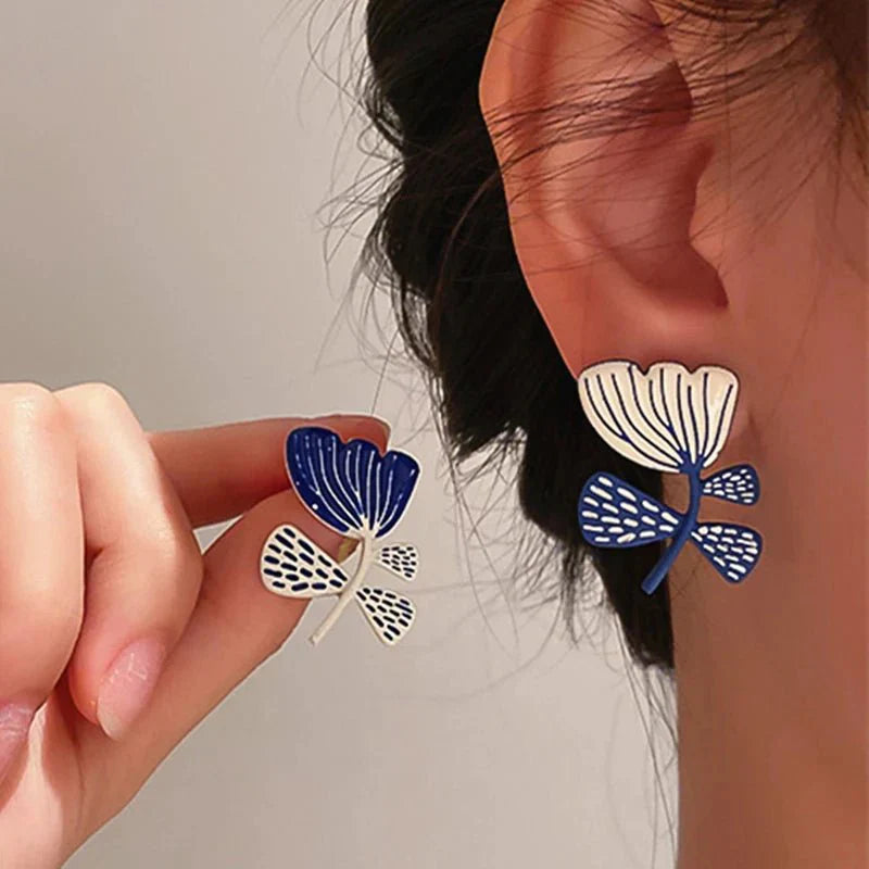 Beautiful Navy Floral Drop Earrings - Halri