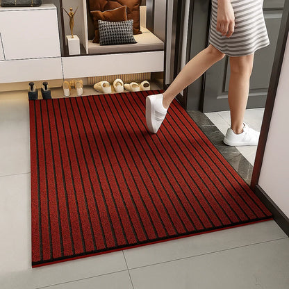 Person stepping onto a red striped doormat from a room with white cabinets.