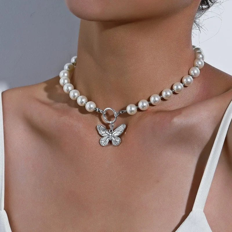 Delicate Pearl Butterfly Chain Choker Necklace - Halri