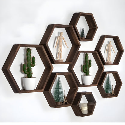 Rustic Wooden Wall Shelves 5-Piece Hexagon Set