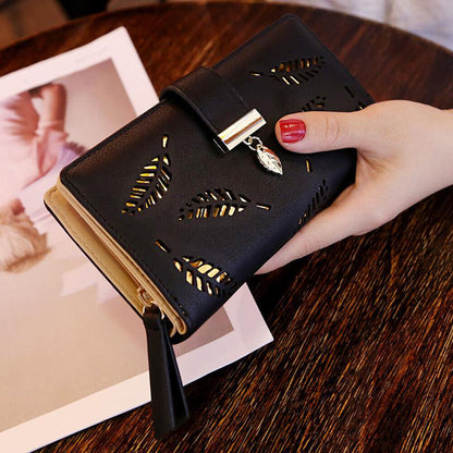 Luxury Brown Leather Wallet with Leaf Accent