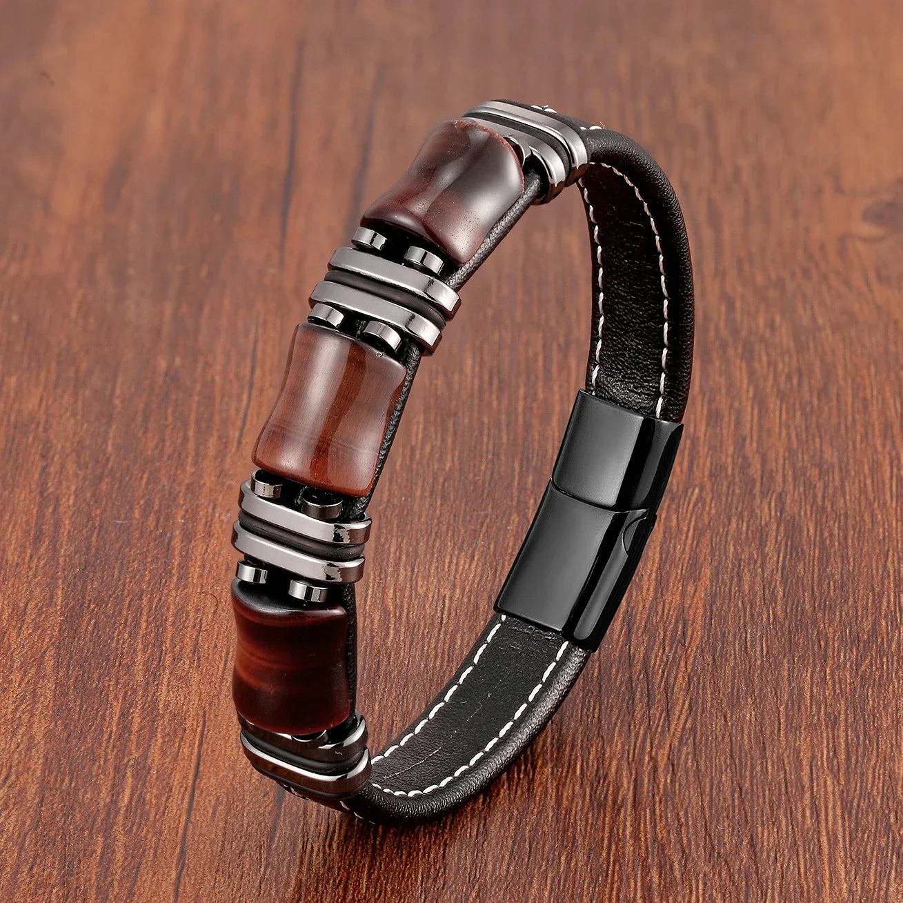 Brown Leather Tiger Eye Beaded Mens Bracelet