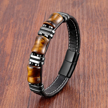 Brown Leather Tiger Eye Beaded Mens Bracelet