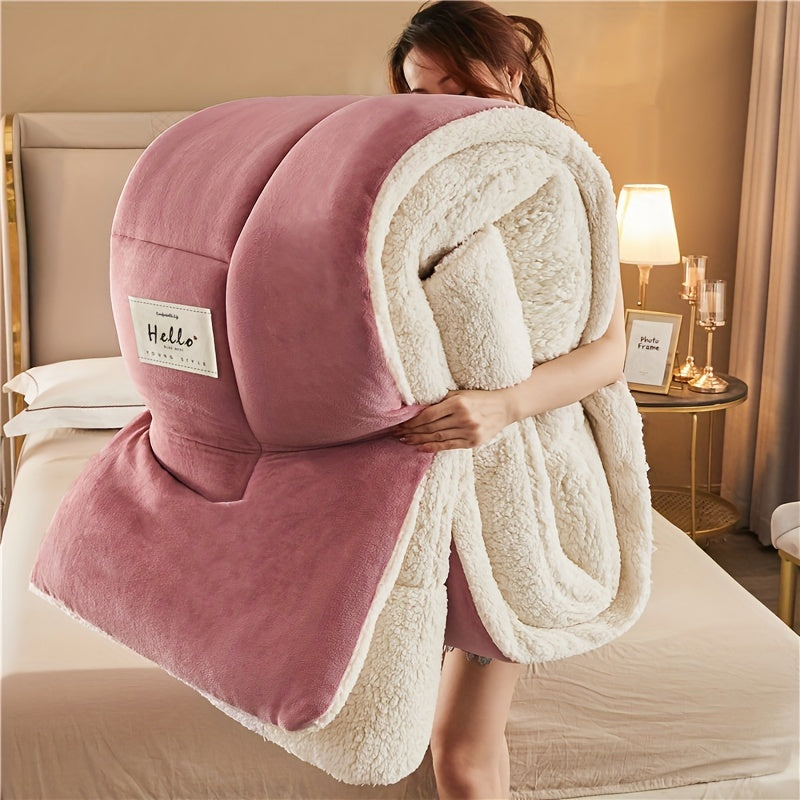 Person holding a pink and white blanket with 'Hello' label in a bedroom setting
