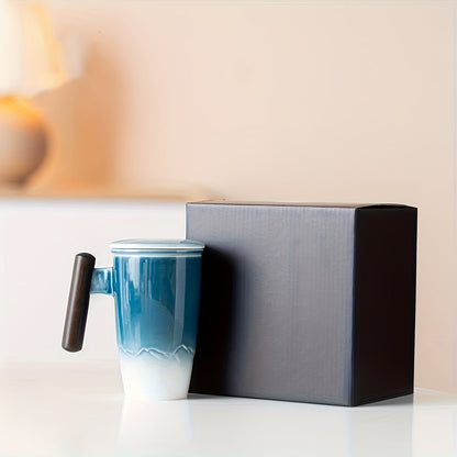 Vintage Style Ceramic Tea Mug with Infuser and Wood Handle