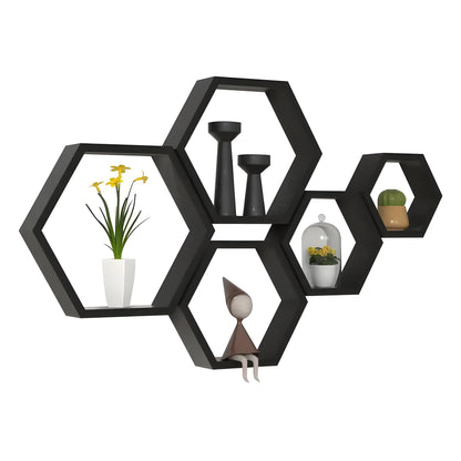 Rustic Wooden Wall Shelves 5-Piece Hexagon Set