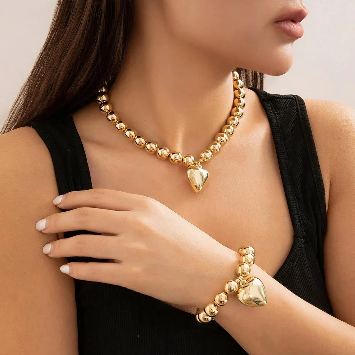 Bold Heart Shape Jewelry Set Necklace and Bracelet