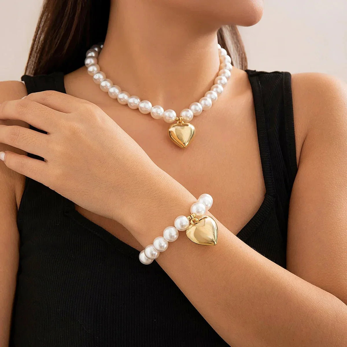 Bold Heart Shape Jewelry Set Necklace and Bracelet - Halri