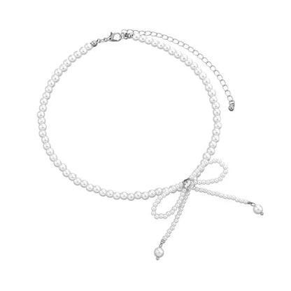 Delicate Beaded White Pearl Bow Choker Necklace