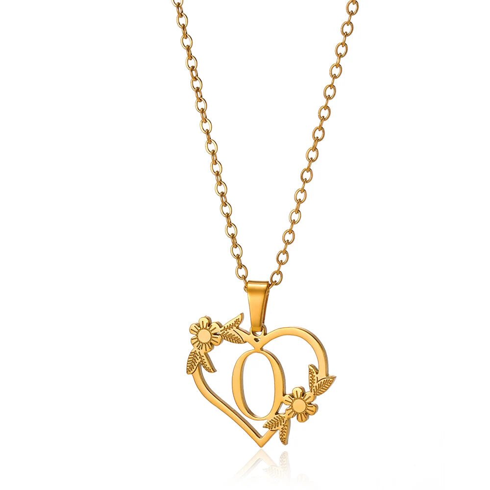 Delicate Floral Initial Heart Pendant Necklace