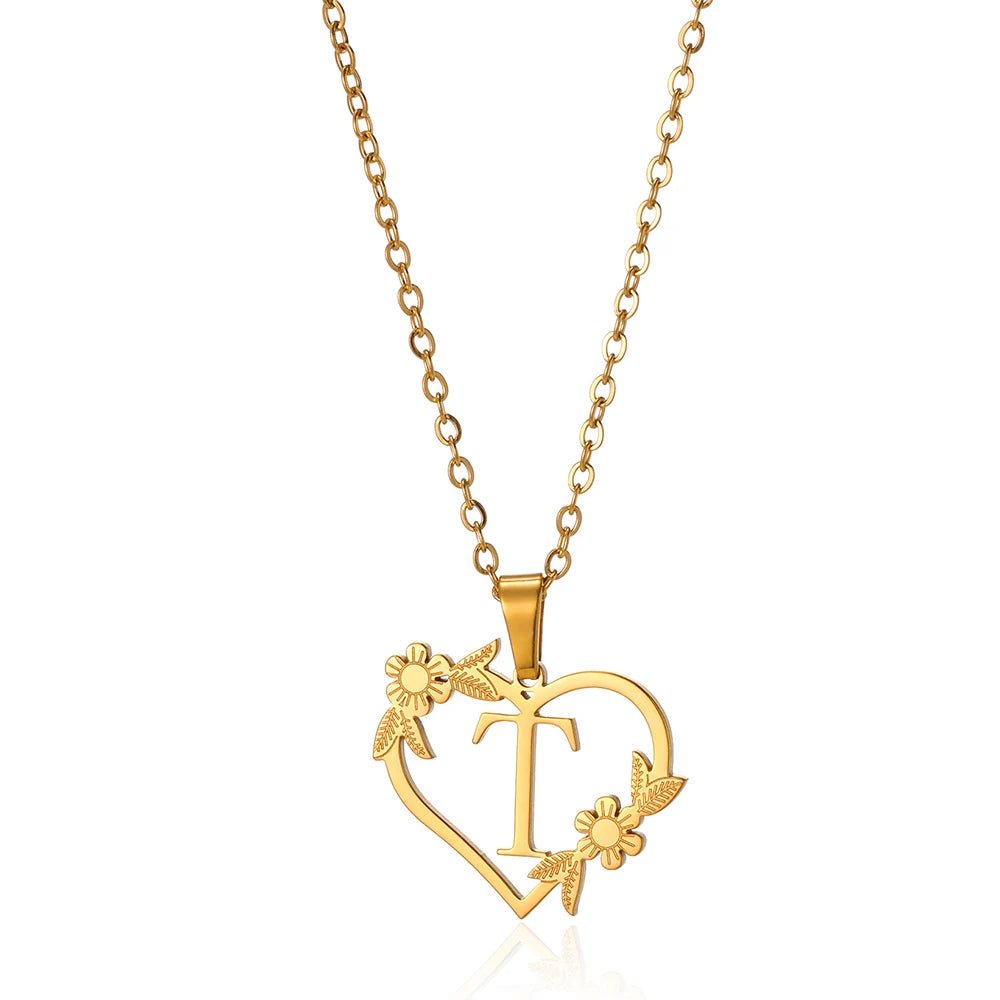 Delicate Floral Initial Heart Pendant Necklace